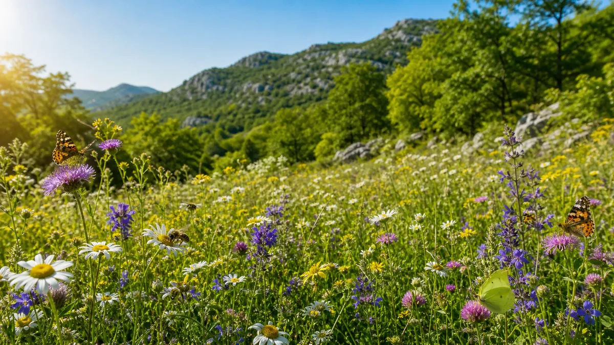 Cvjetna livada s oprašivačima i zelenim brdima u pozadini.
