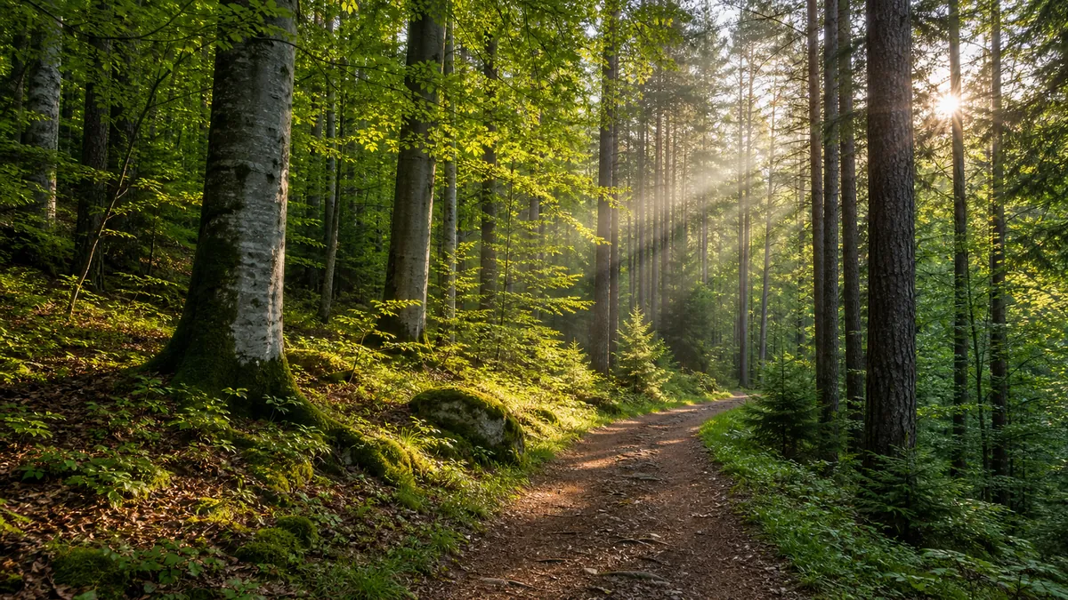 Sunčana šumska staza kroz gustu zelenu šumu.